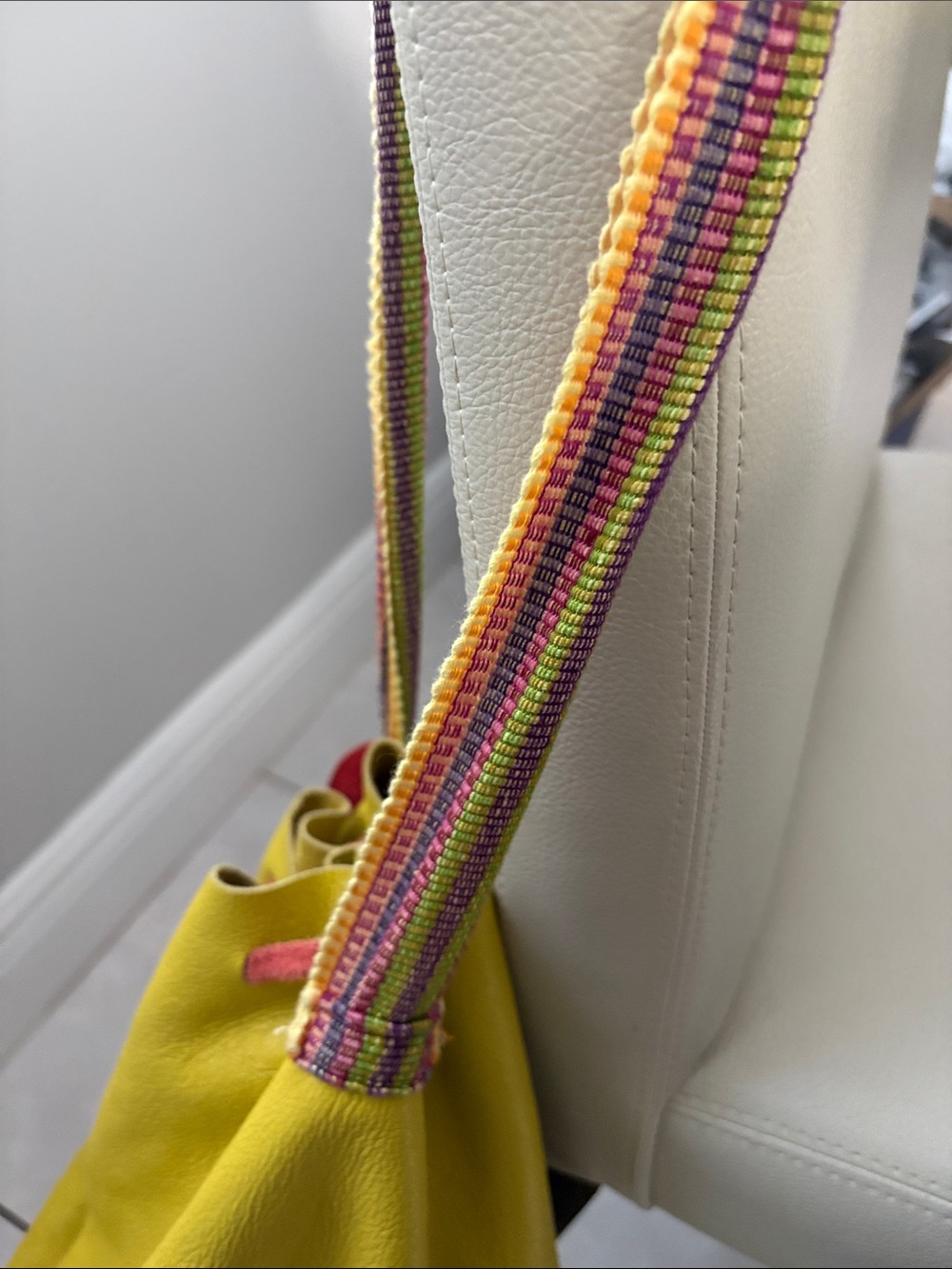 Boho Yellow Leather Drawstring Bucket Bag with Multicolor Strap - Picture 3 of 9